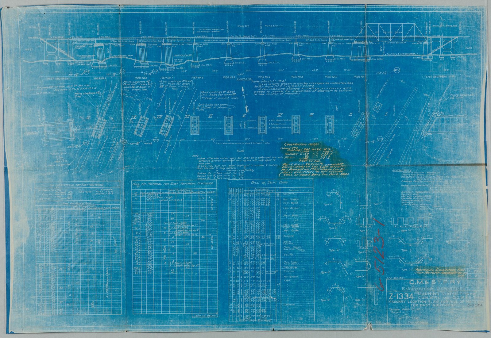 General elevation, masonry location plan and bill of material.  Courtesy of Milwaukee Road Archives at the Milwaukee Public Library